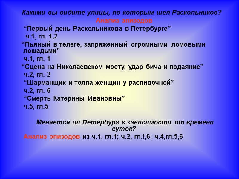 Какими вы видите улицы, по которым шел Раскольников?      Анализ